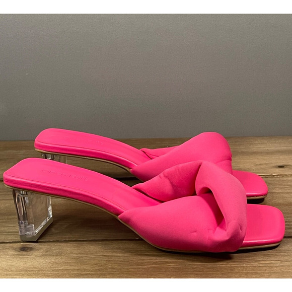 Open Edit Women's Puffy Slide On Sandals Size 6 Hot Pink Clear Heel - Picture 1 of 14